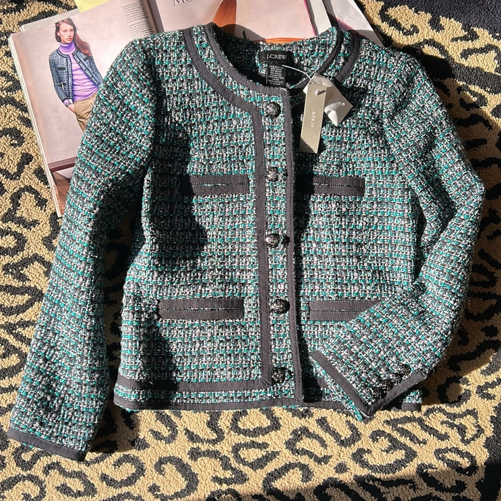 NWT Rare J.Crew Chic Tweed Fanfare Tweed Jacket - Green and Black